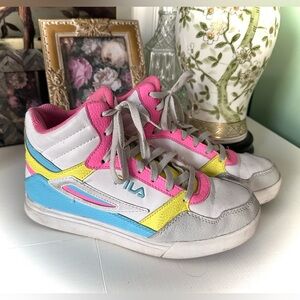 Fila Everge high-top sneakers in a white, pink, yellow, and blue colorway